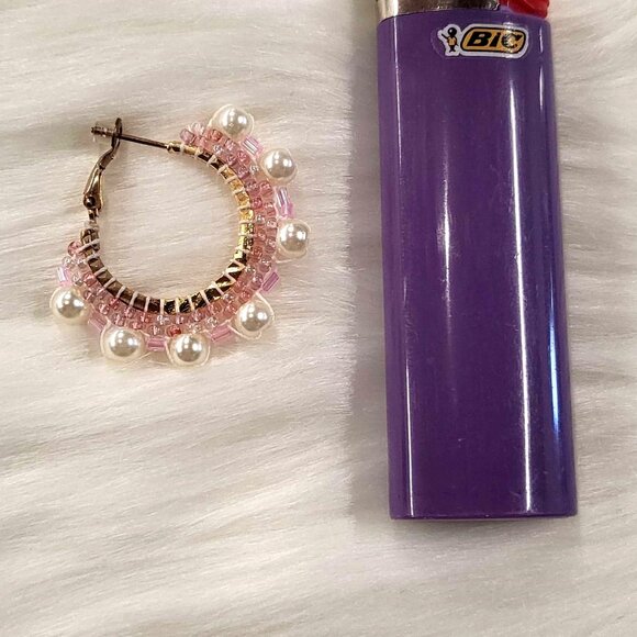 Small Pink Hoop Earrings with Pearl Edging - Picture 3 of 3